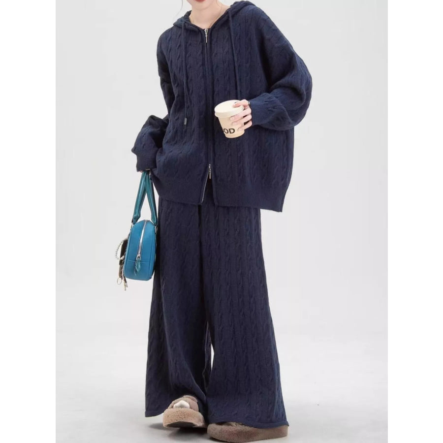 Cable Knit Zip-Up Hooded Cardigan and Wide-Leg Pants Sweater Set Apparel Accessories