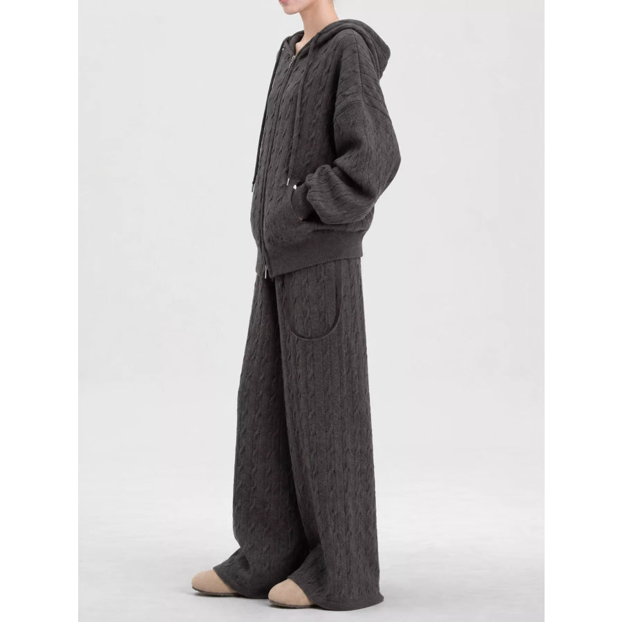 Cable Knit Zip-Up Hooded Cardigan and Wide-Leg Pants Sweater Set Apparel Accessories