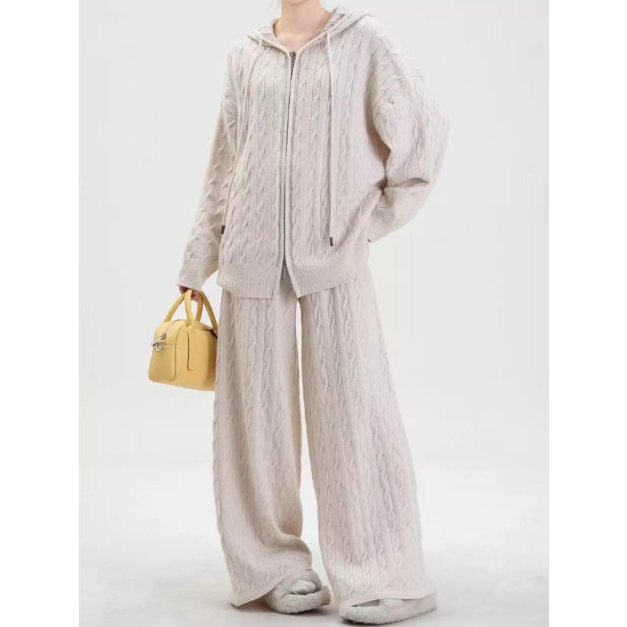 Cable Knit Zip-Up Hooded Cardigan and Wide-Leg Pants Sweater Set Apricot / One Size Apparel Accessories