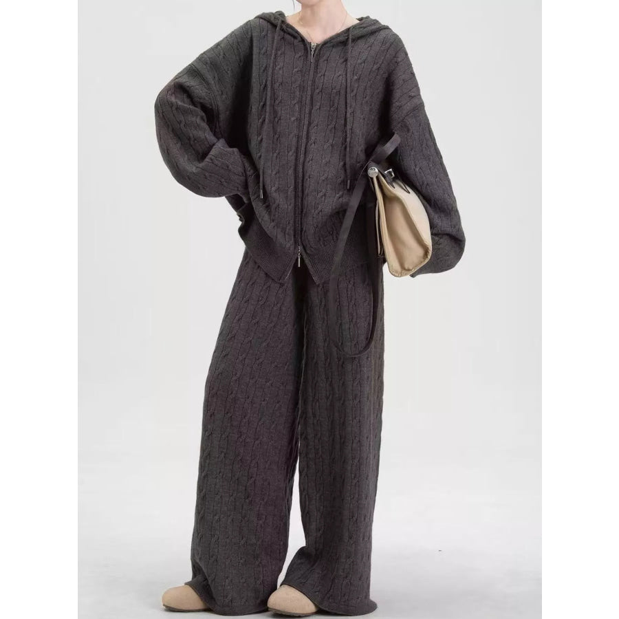 Cable Knit Zip-Up Hooded Cardigan and Wide-Leg Pants Sweater Set Dark Gray / One Size Apparel Accessories
