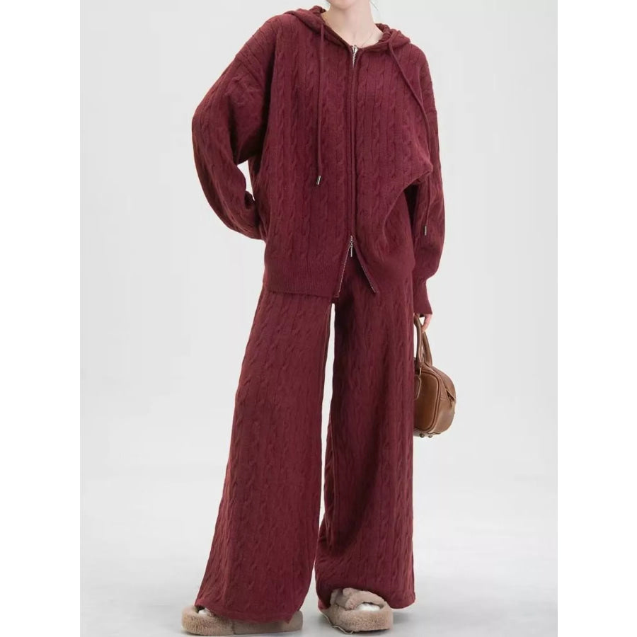 Cable Knit Zip-Up Hooded Cardigan and Wide-Leg Pants Sweater Set Dark Red / One Size Apparel Accessories