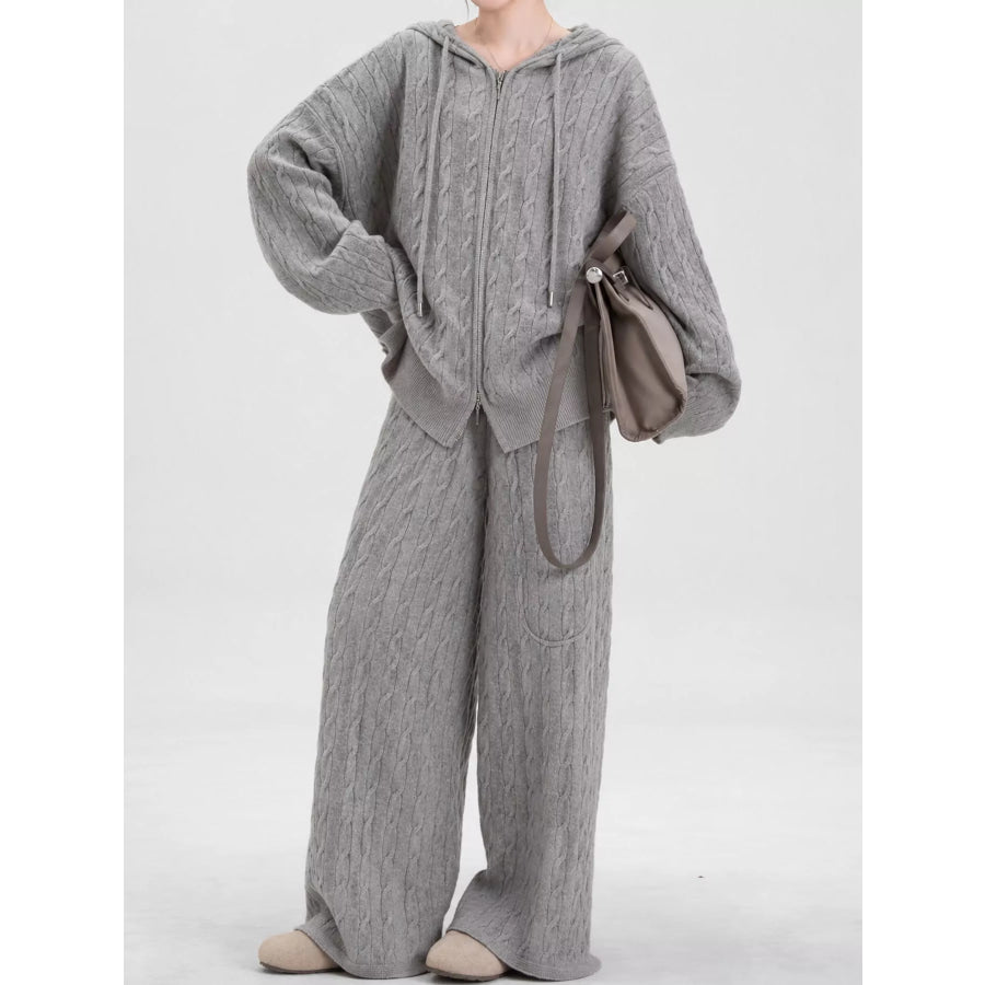 Cable Knit Zip-Up Hooded Cardigan and Wide-Leg Pants Sweater Set Gray / One Size Apparel Accessories