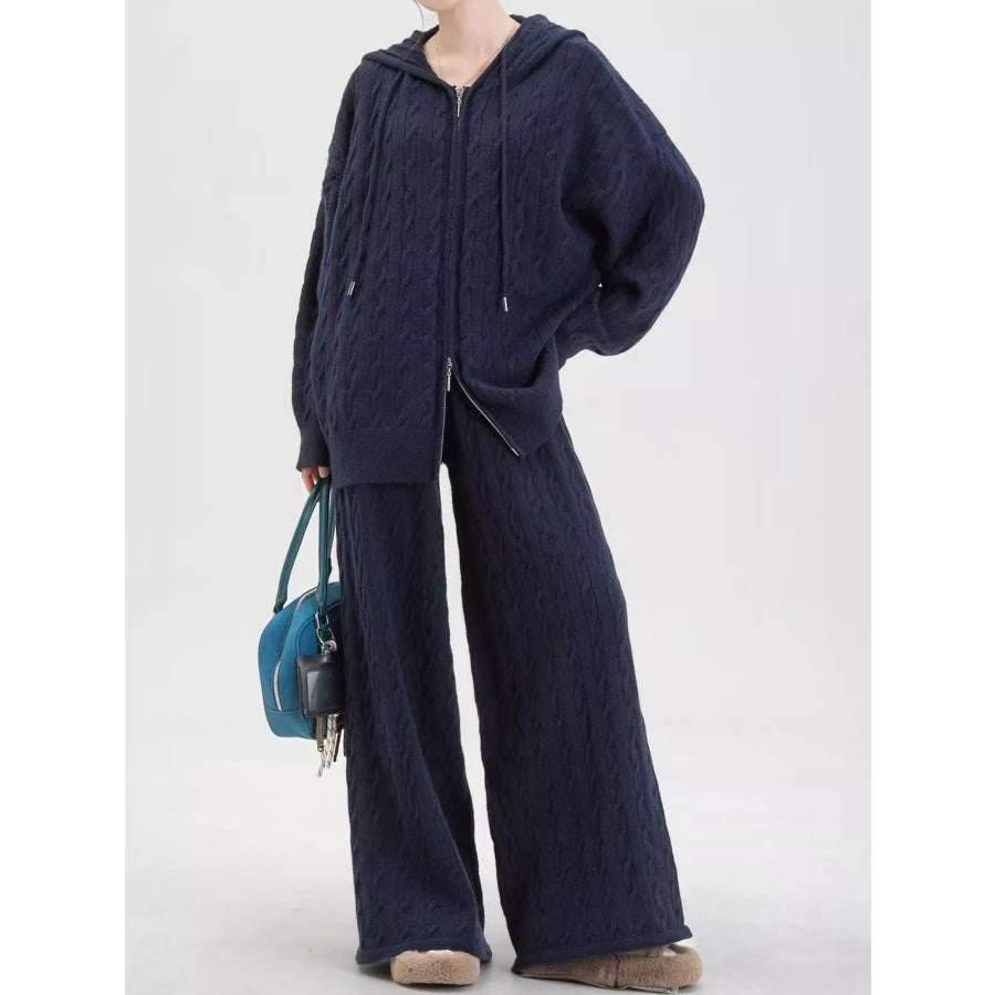 Cable Knit Zip-Up Hooded Cardigan and Wide-Leg Pants Sweater Set Navy / One Size Apparel Accessories