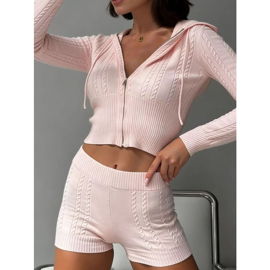 Cable Knit Zip-Up Hooded Top and Shorts Lounge Set Pink / S Apparel Accessories