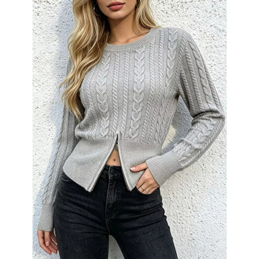 Cable Knit Zipper Detail Sweater Gray / S Apparel and Accessories
