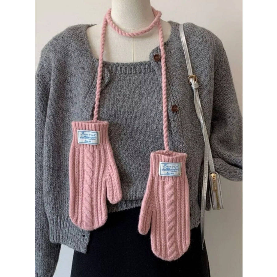 Cable Knitted Mittens with Neck Strap Dusty Pink / One Size Apparel and Accessories