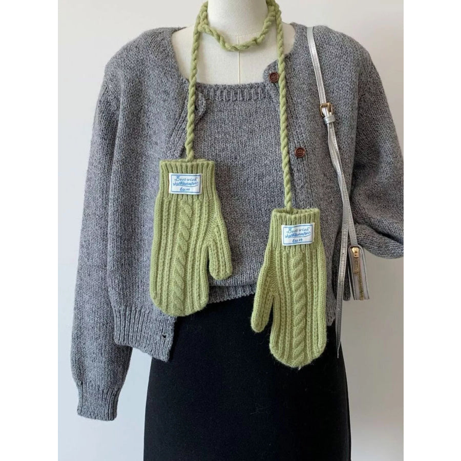 Cable Knitted Mittens with Neck Strap Matcha Green / One Size Apparel and Accessories