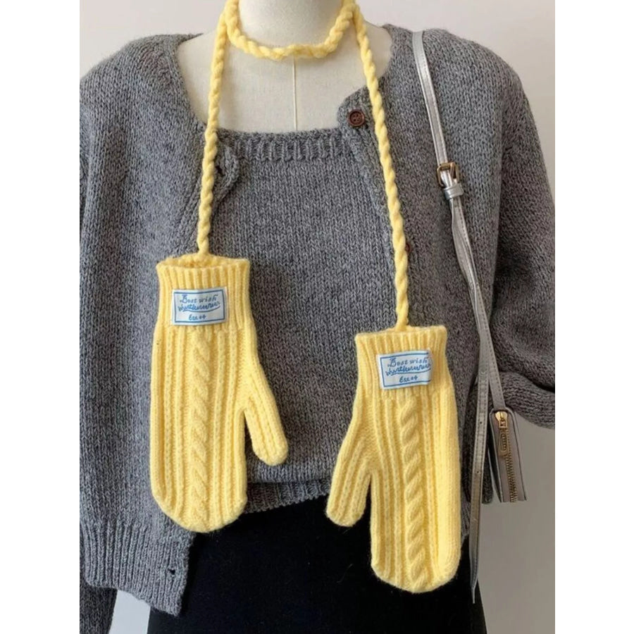 Cable Knitted Mittens with Neck Strap Yellow / One Size Apparel and Accessories