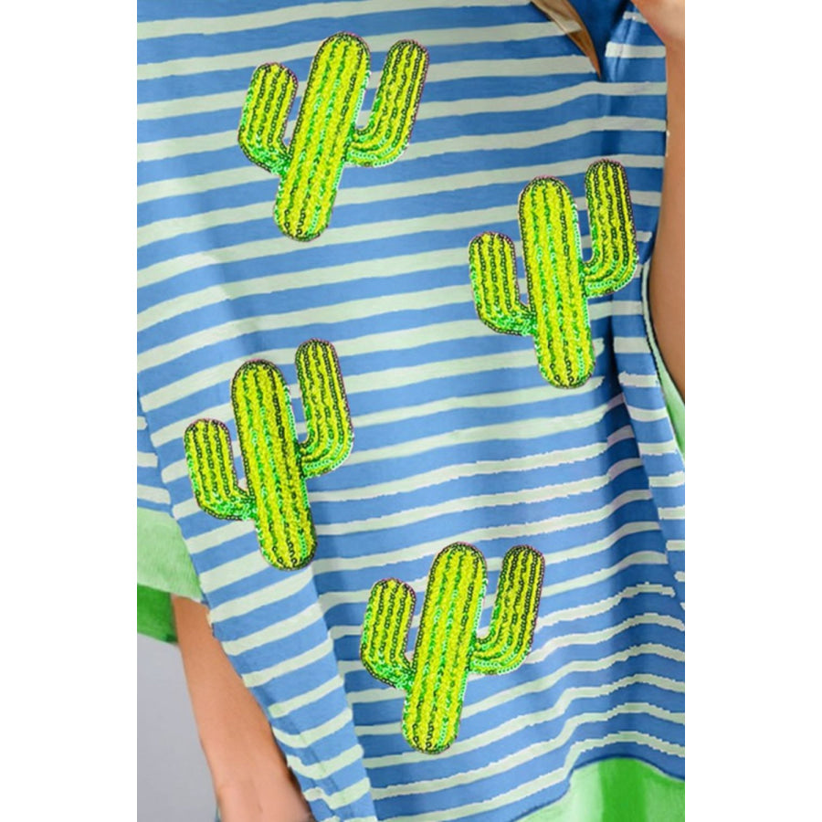 Cactus Striped Round Neck Half Sleeve T-Shirt Apparel and Accessories