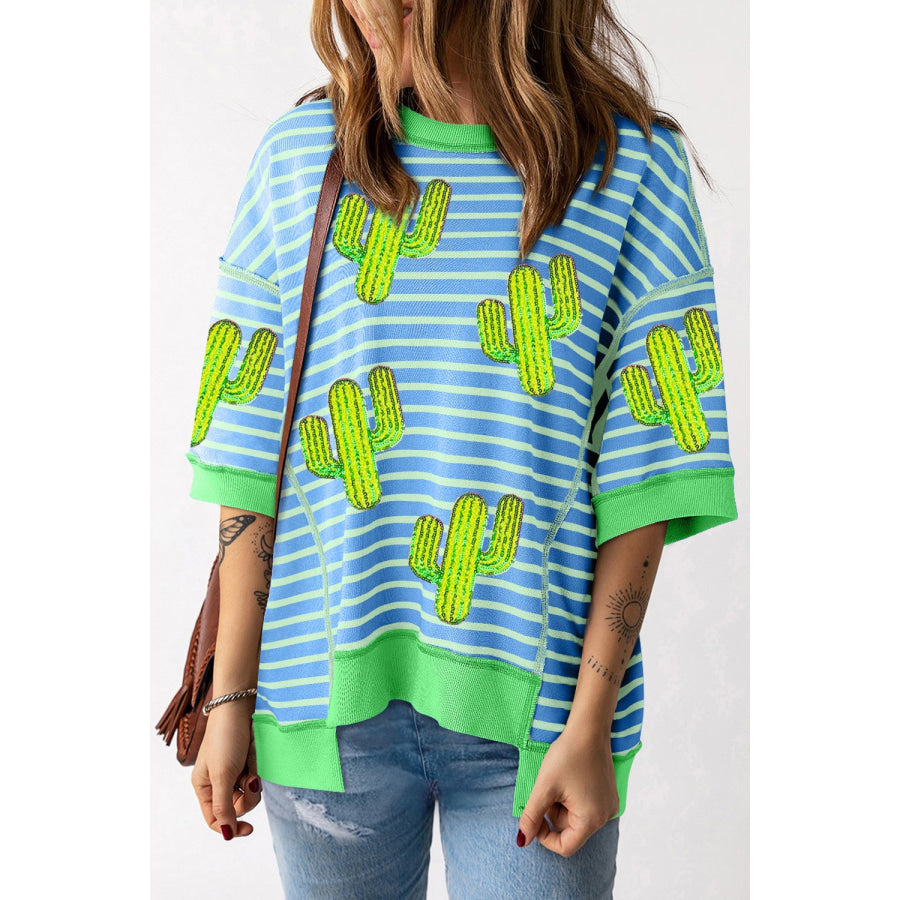 Cactus Striped Round Neck Half Sleeve T-Shirt Cerulean / S Apparel and Accessories