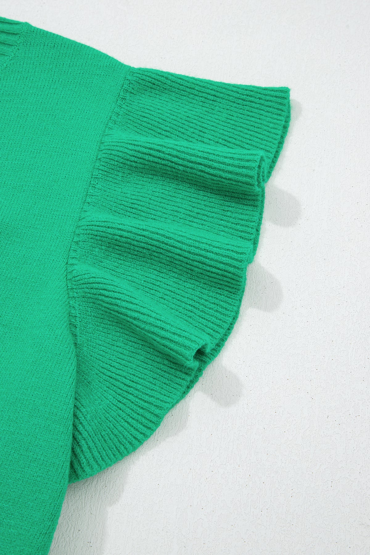 Beau Blue Solid Color Ribbed Trim Round Neck Ruffle Short Sleeve Sweater