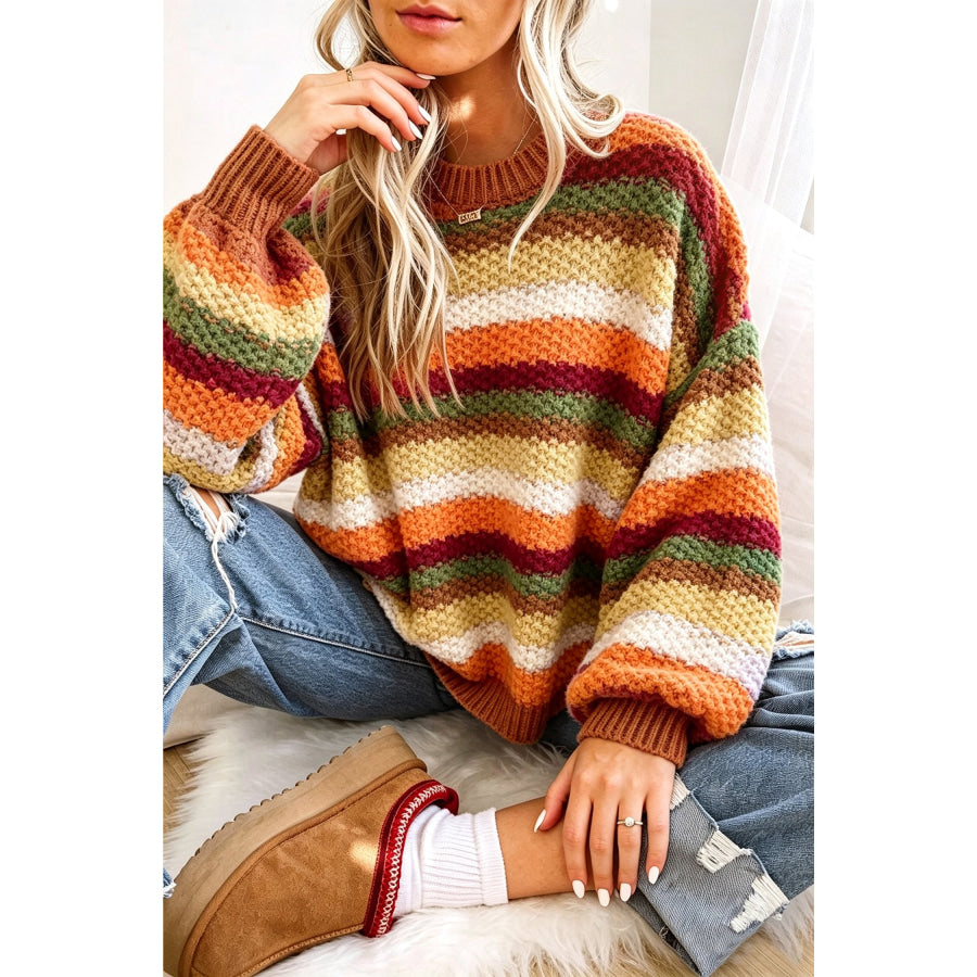 Camel Rainbow Striped Knit Round Neck Puff Sleeve Sweater / S Sweaters & Cardigans/Sweaters