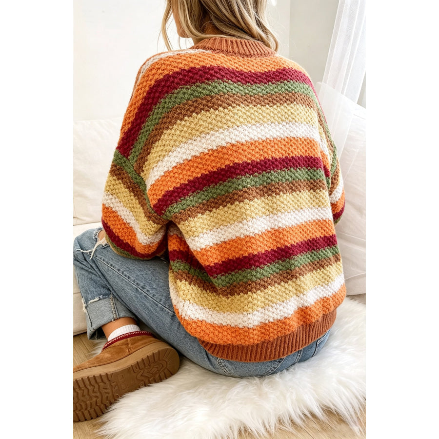 Camel Rainbow Striped Knit Round Neck Puff Sleeve Sweater / S Sweaters & Cardigans/Sweaters