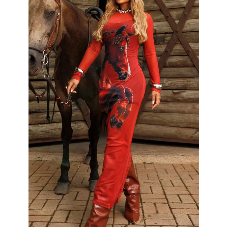 Cami Dress and Rhinestone Horse Mesh Maxi Set Red / S Apparel Accessories