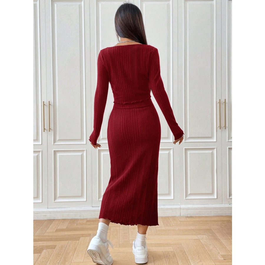 Cami Dress and Tied Long Sleeve Cardigan Set Burgundy / S Apparel and Accessories