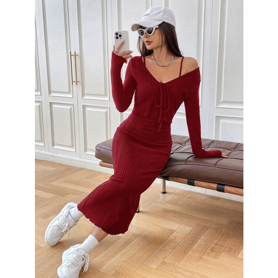 Cami Dress and Tied Long Sleeve Cardigan Set Apparel and Accessories