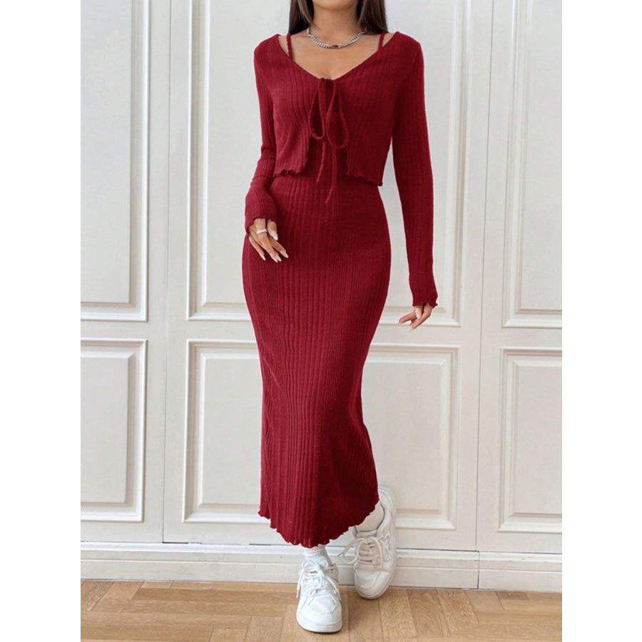 Cami Dress and Tied Long Sleeve Cardigan Set Burgundy / S Apparel and Accessories