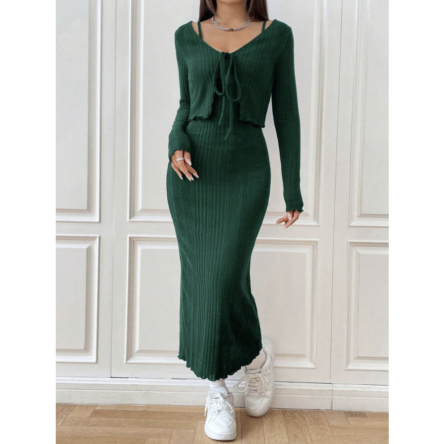 Cami Dress and Tied Long Sleeve Cardigan Set Dark Green / S Apparel and Accessories