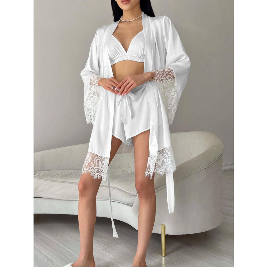Cami & Lace Trim Cardigan & Shorts Lounge Set White / S Apparel and Accessories