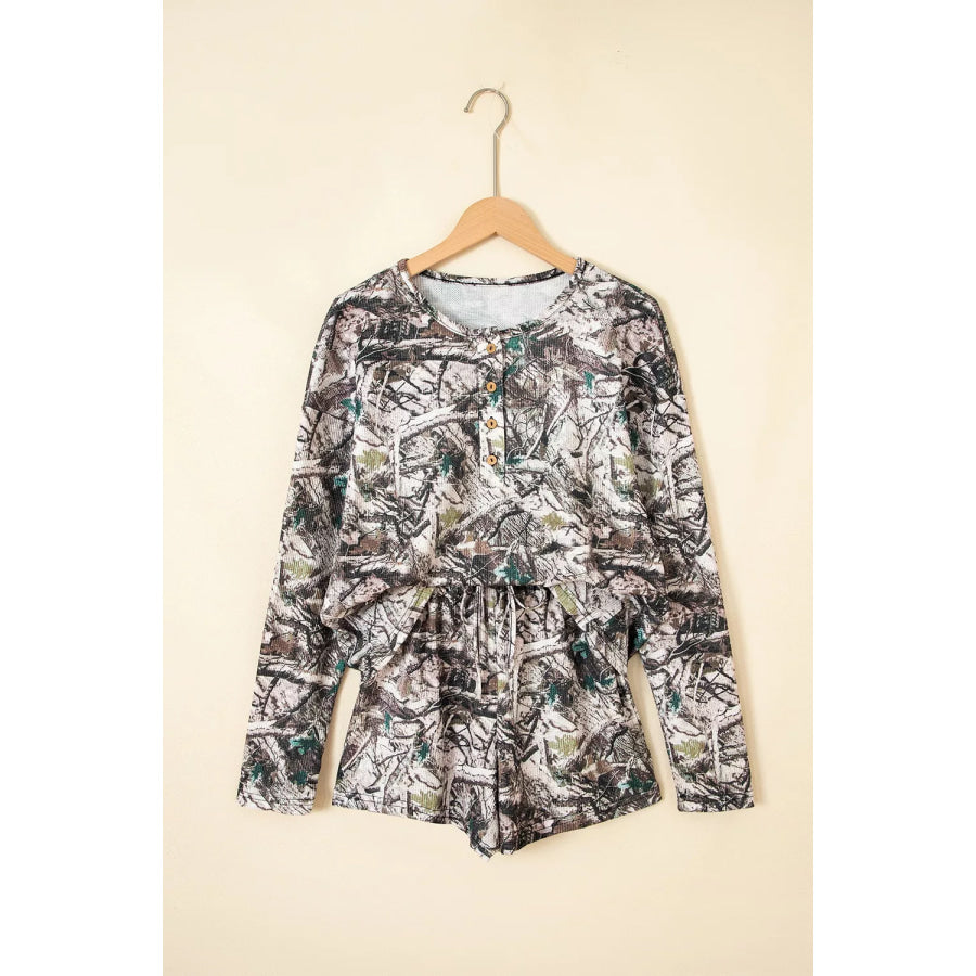Camo Long Sleeve Top Elastic Waist Shorts Two Piece Set Apparel and Accessories