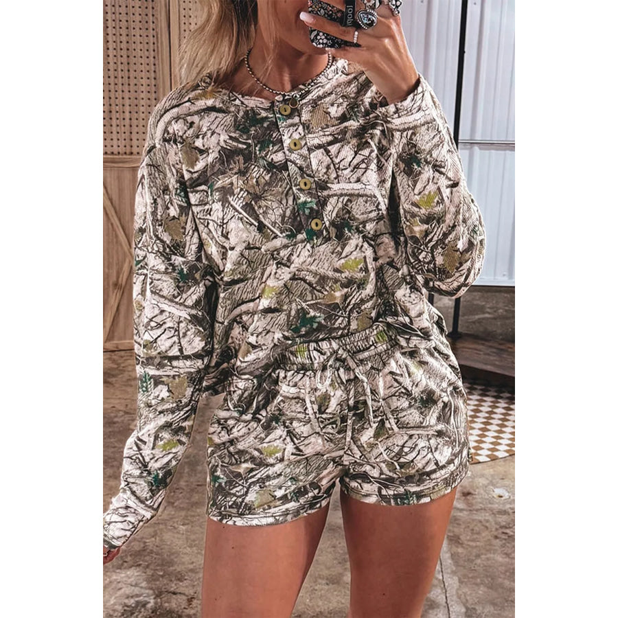 Camo Long Sleeve Top Elastic Waist Shorts Two Piece Set Apparel and Accessories