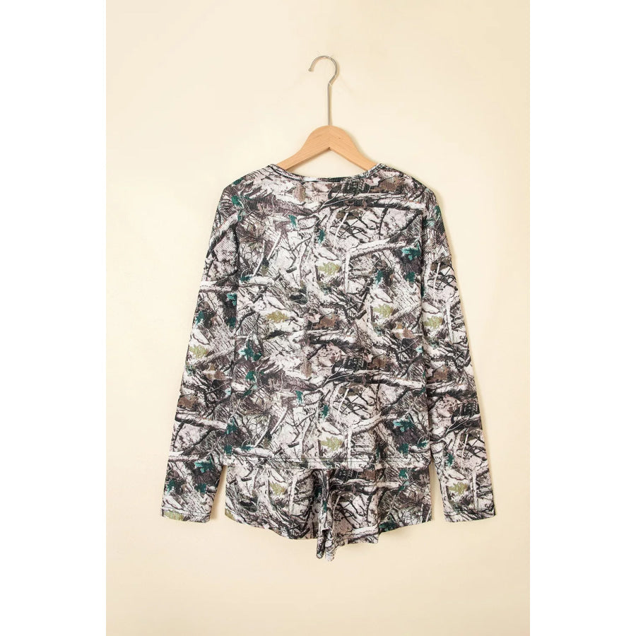 Camo Long Sleeve Top Elastic Waist Shorts Two Piece Set Apparel and Accessories