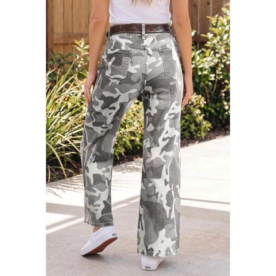 Camo Pattern Cotton Denim Shift Jeans Sage / 4 Apparel and Accessories