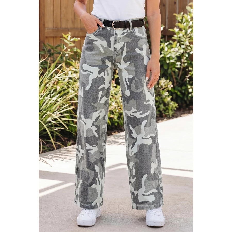 Camo Pattern Cotton Denim Shift Jeans Sage / 4 Apparel and Accessories