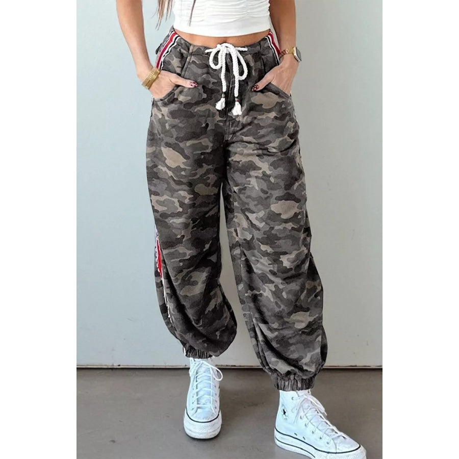 Camo Print Drawstring Waist Joggers Army Green / S Apparel and Accessories