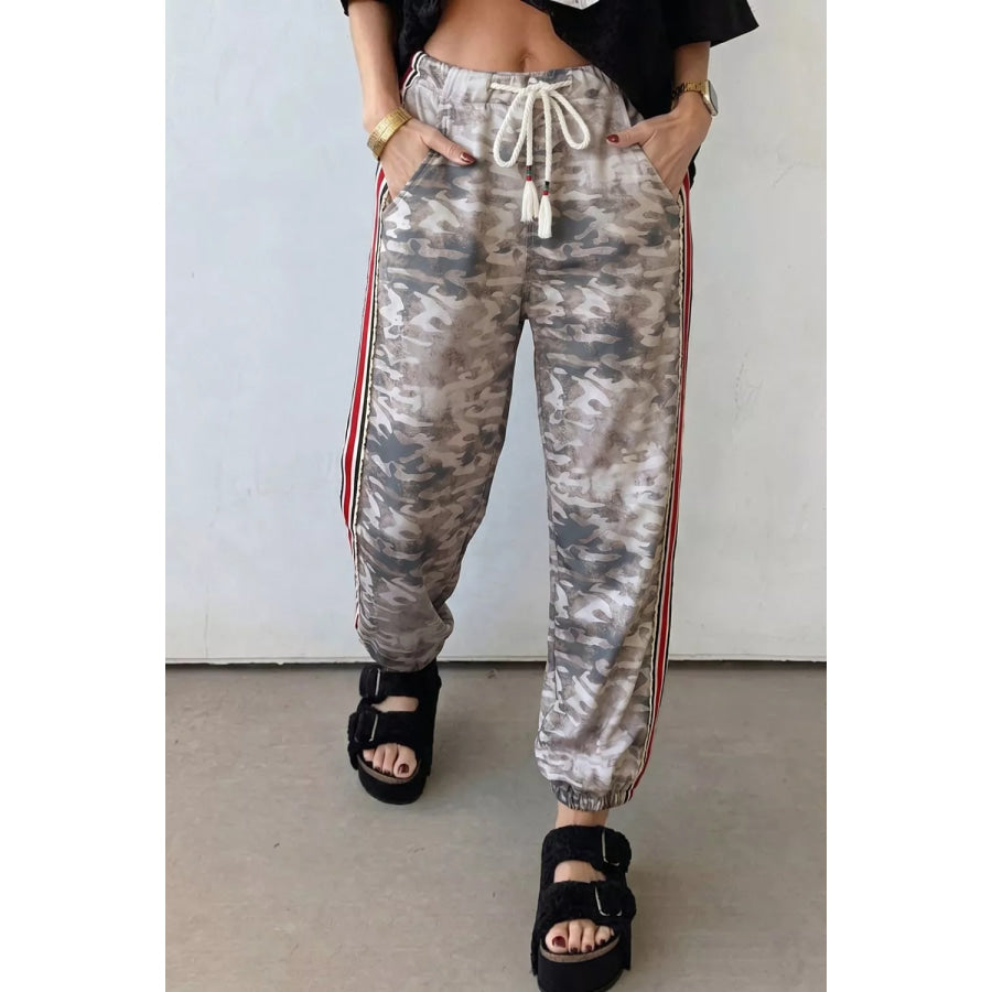 Camo Print Drawstring Waist Joggers Khaki / S Apparel and Accessories