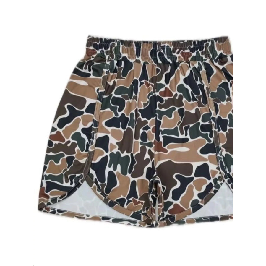 Camo Print Elastic Waist Shorts Brown / S Apparel and Accessories