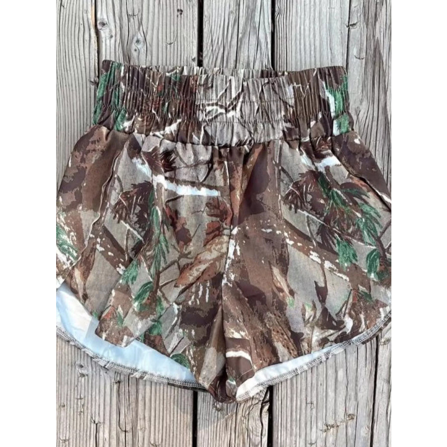 Camo Print Elastic Waist Shorts Dark Brown / S Apparel and Accessories