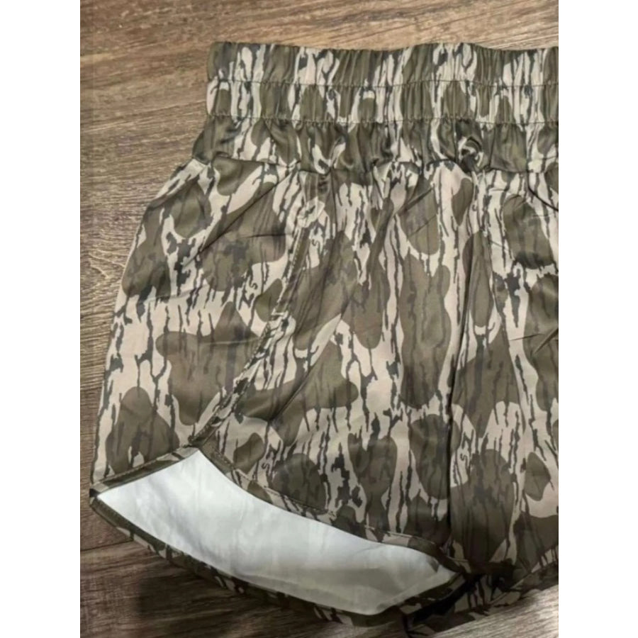 Camo Print Elastic Waist Shorts Olive Brown / S Apparel and Accessories