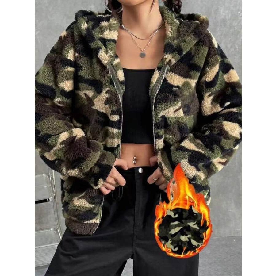 Camo Print Fuzzy Zip Up Outerwear Apparel and Accessories