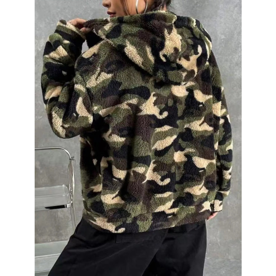 Camo Print Fuzzy Zip Up Outerwear Apparel and Accessories