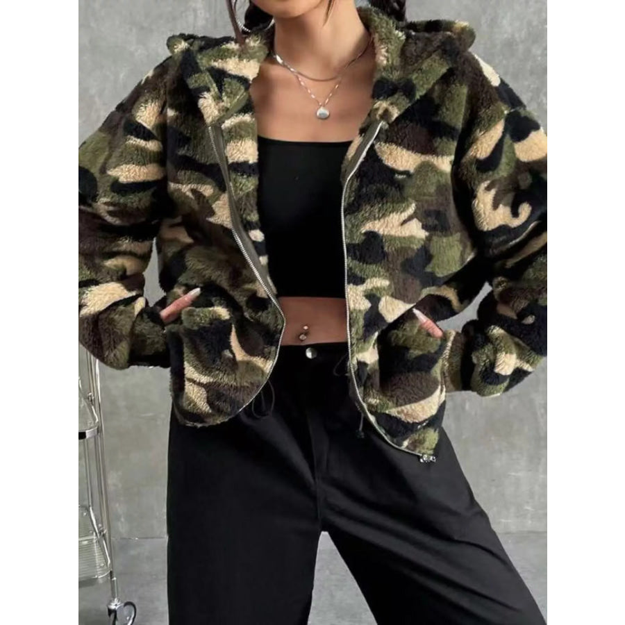Camo Print Fuzzy Zip Up Outerwear Apparel and Accessories