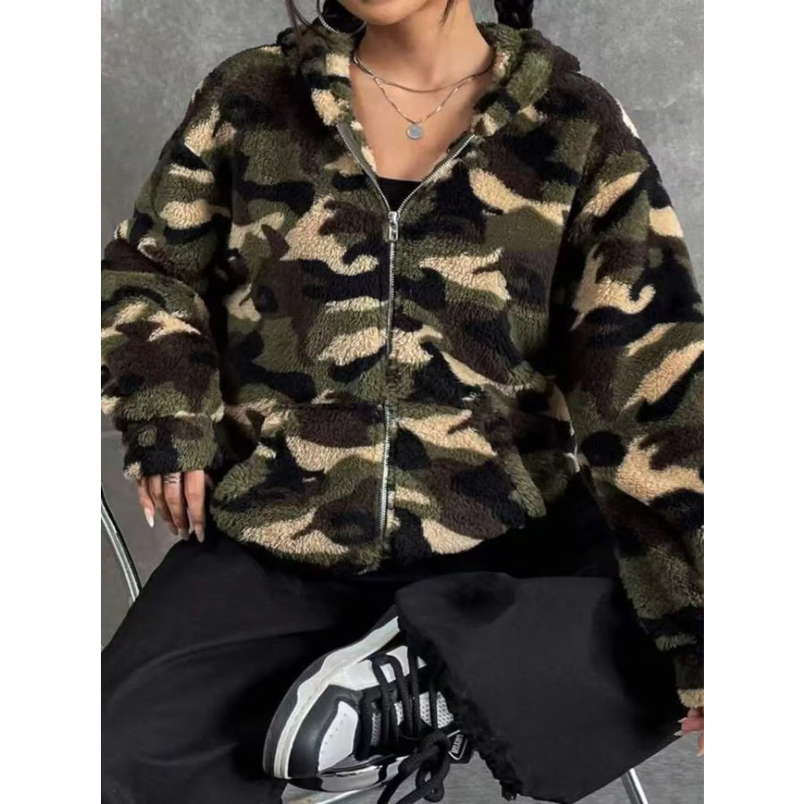 Camo Print Fuzzy Zip Up Outerwear Apparel and Accessories