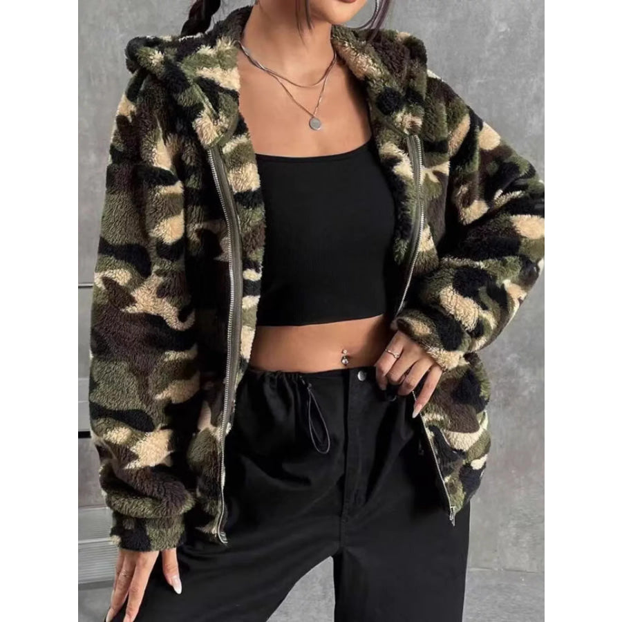 Camo Print Fuzzy Zip Up Outerwear Army Green / S Apparel and Accessories