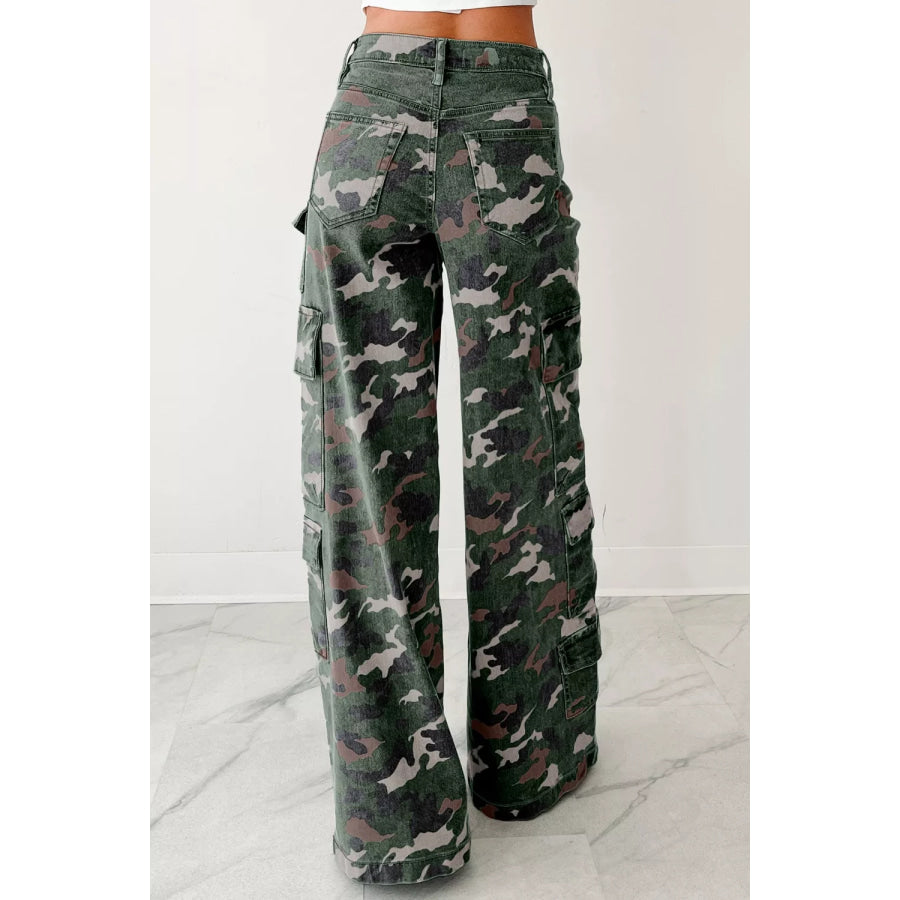 Camo Print High Waist Cargo Pants Apparel and Accessories