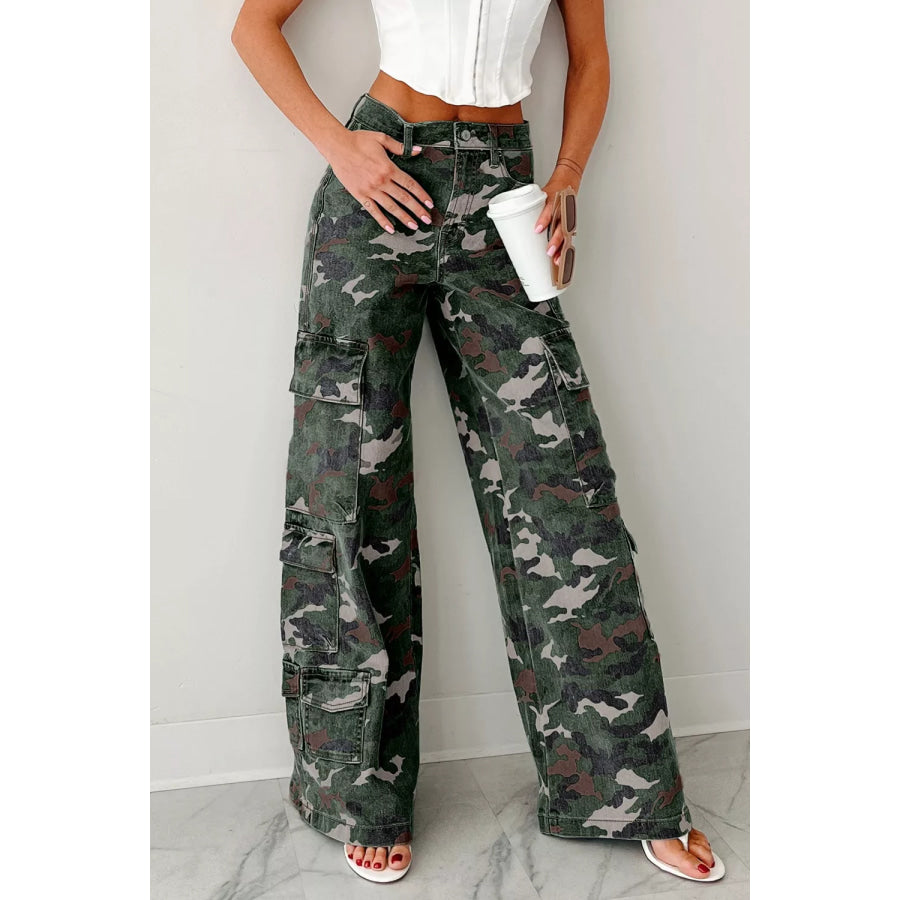 Camo Print High Waist Cargo Pants Green Camouflage / 4 Apparel and Accessories
