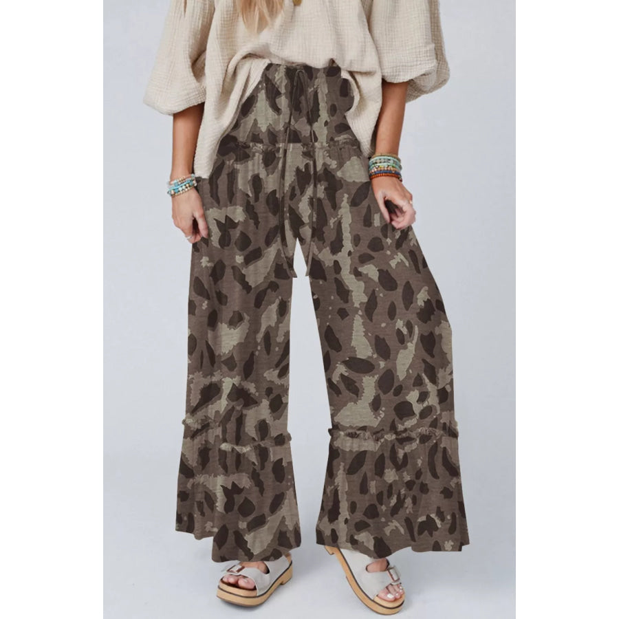 Camo Print Wide Leg Casual Pants Chocolate / S Apparel and Accessories