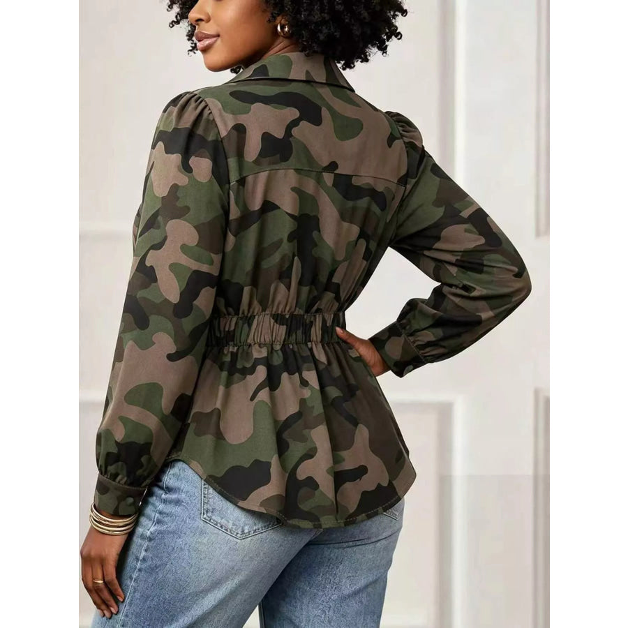 Camouflage Button Front Long Sleeve Blouse Apparel and Accessories