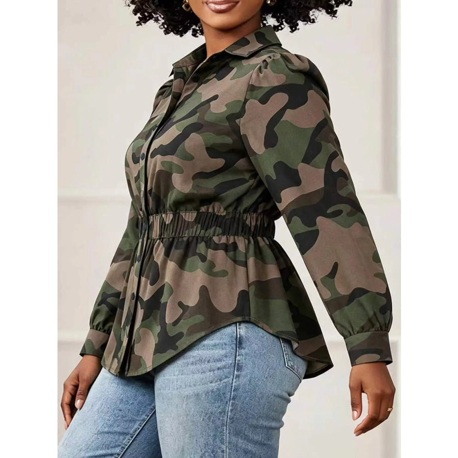 Camouflage Button Front Long Sleeve Blouse Apparel and Accessories