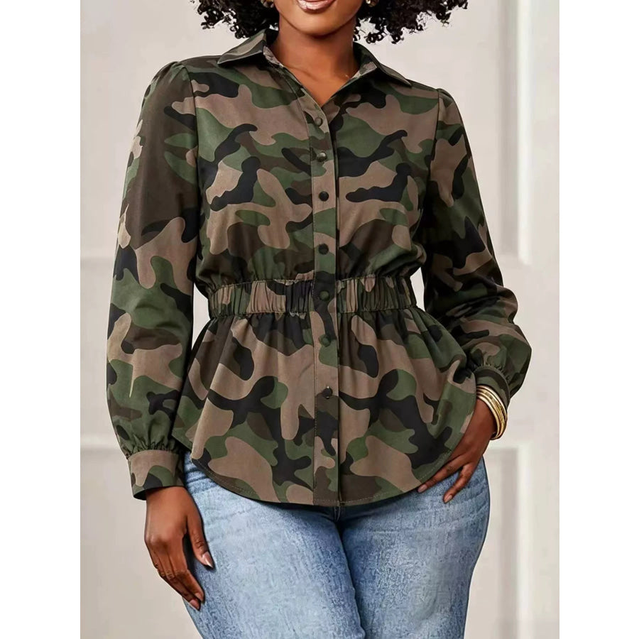 Camouflage Button Front Long Sleeve Blouse Army Green / S Apparel and Accessories