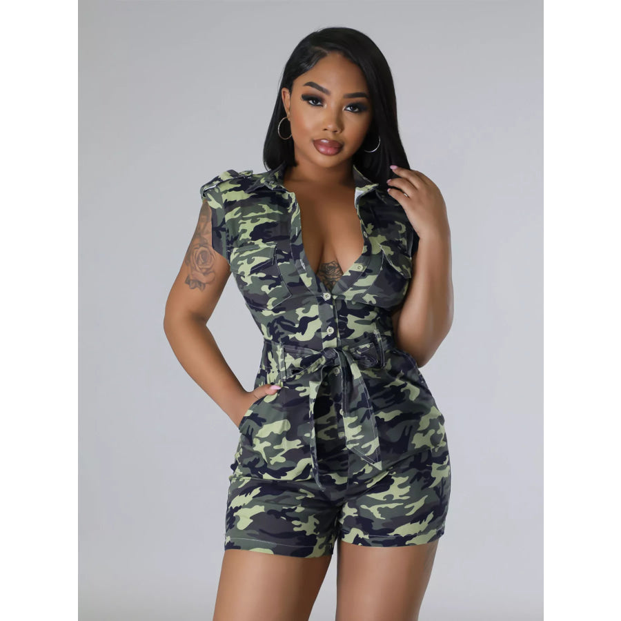 Camouflage Button Front Tie Waist Romper Apparel and Accessories