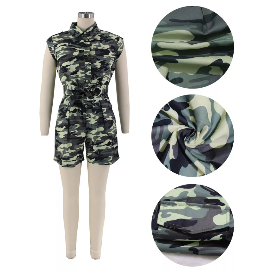 Camouflage Button Front Tie Waist Romper Apparel and Accessories