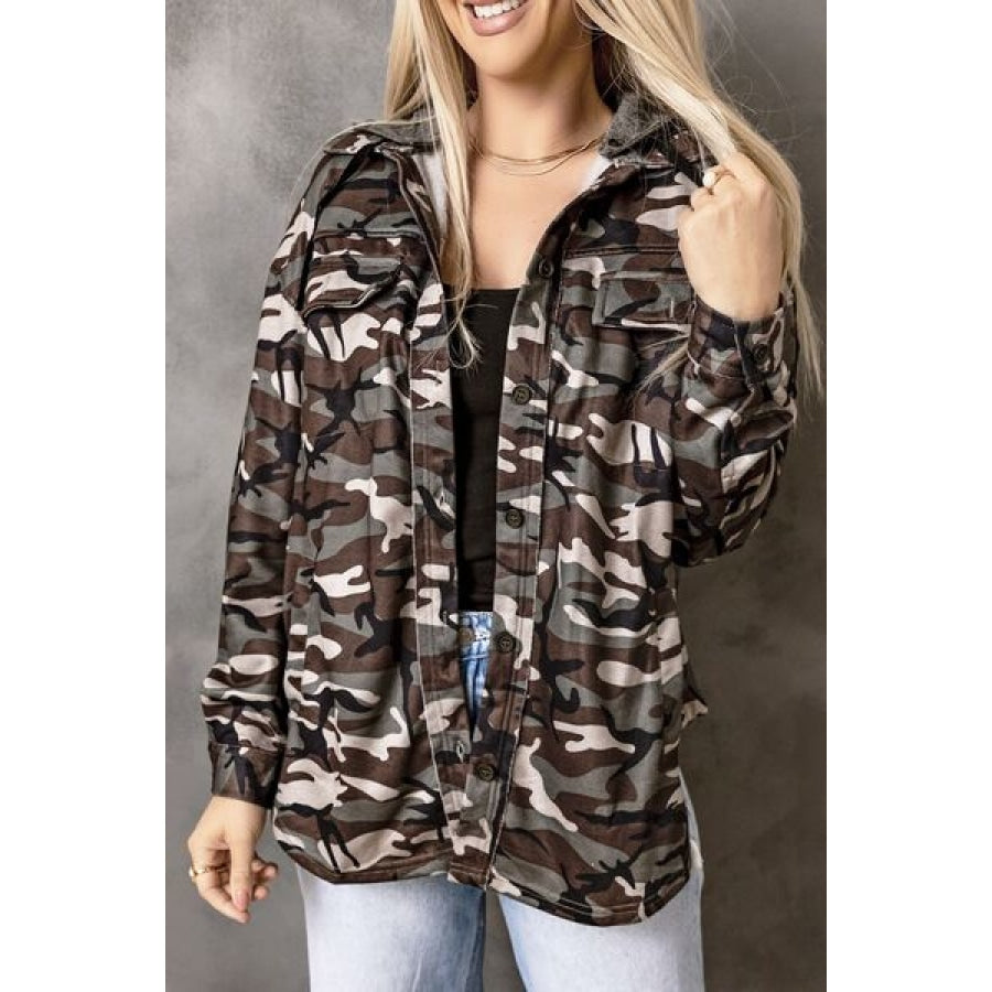 Camouflage Button Up Hooded Jacket Clothing