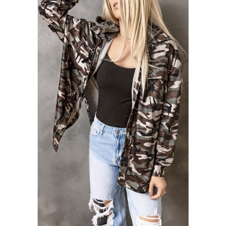 Camouflage Button Up Hooded Jacket Clothing