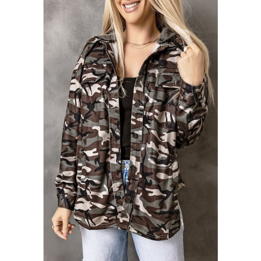 Camouflage Button Up Hooded Jacket Green Camouflage / S Clothing