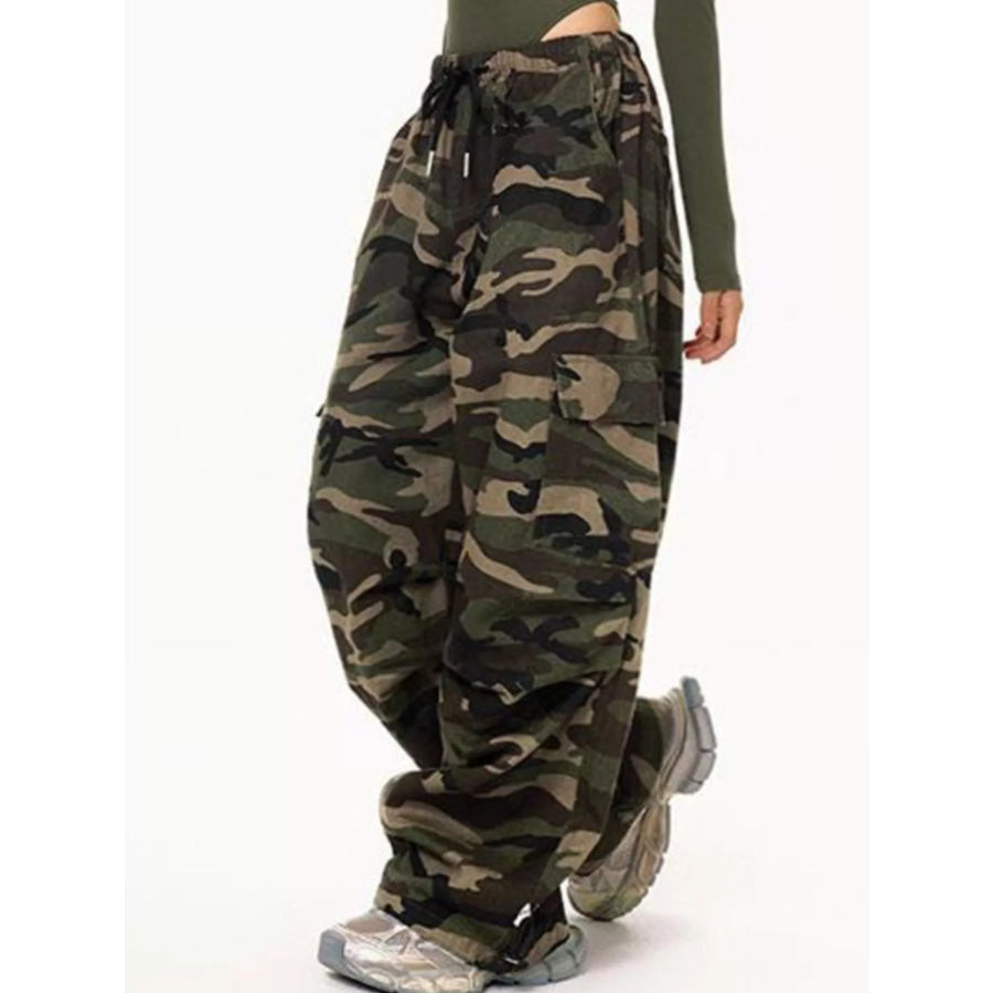 Camouflage Cargo Pants with Drawstring Waist Apparel and Accessories